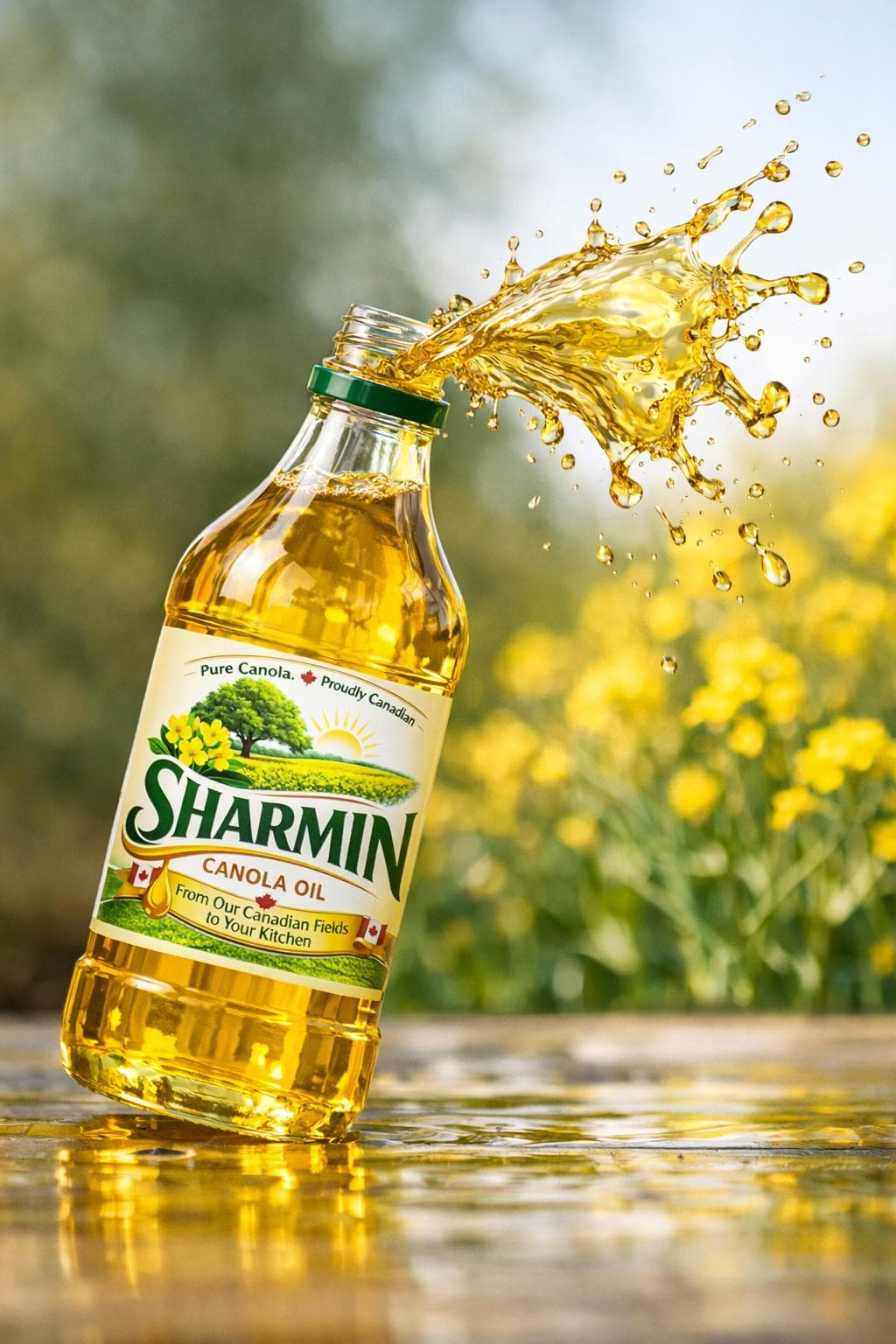 Sharmin canola oil bottle with a poured oil presentation
